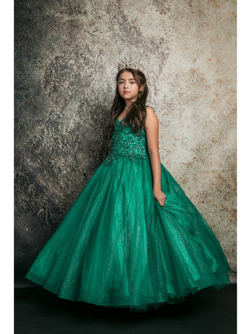 Petite Adele Big Girls Emerald Green Embroidered Bodice Glitter Tulle Gown 8-16 - SophiasStyle.com