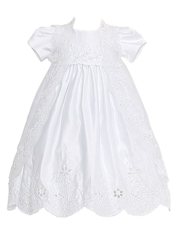 Rain Kids White Satin Puff Sleeve Pearl Baptism Dress Girls 6M-4T - SophiasStyle.com