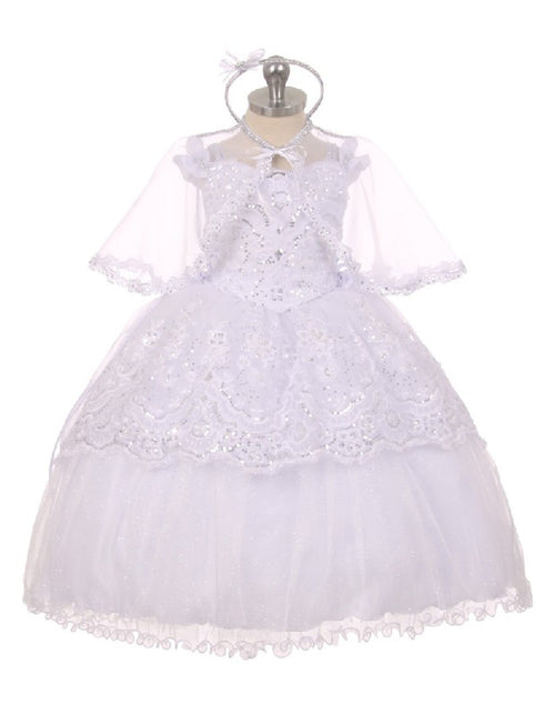Rainkids Baby Girls White Organza Sequins Hi-Low Sheer Cape Baptism Dress 6-12M - SophiasStyle.com
