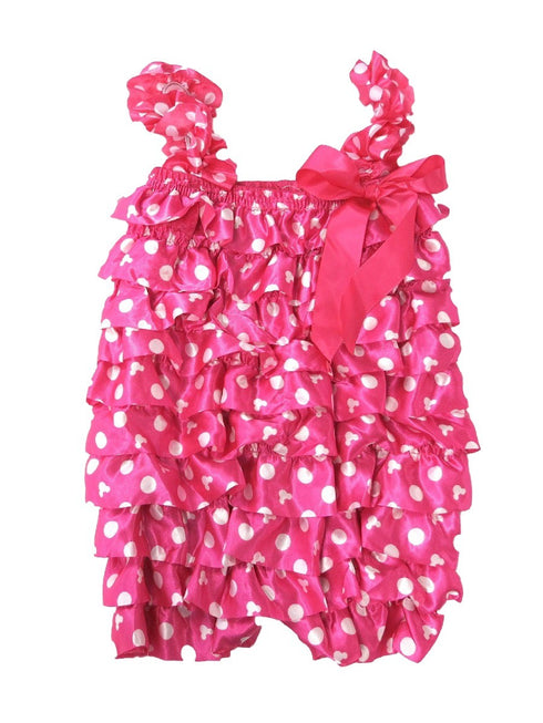 Little Girls Hot Pink Minnie White Dot Bow Detail Satin Romper 9M-3T - SophiasStyle.com
