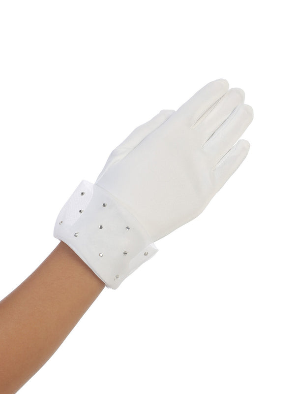 Girls White Rhinestone Accented Cuff Communion Flower Girl Gloves 0-14 - SophiasStyle.com