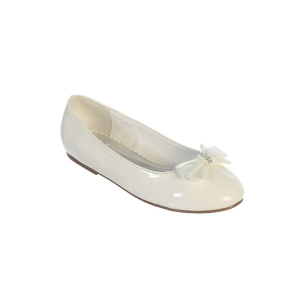 Girls Ivory Leather Satin Rhinestone Center Bow Accent Patent Flats 11-5 Kids - SophiasStyle.com