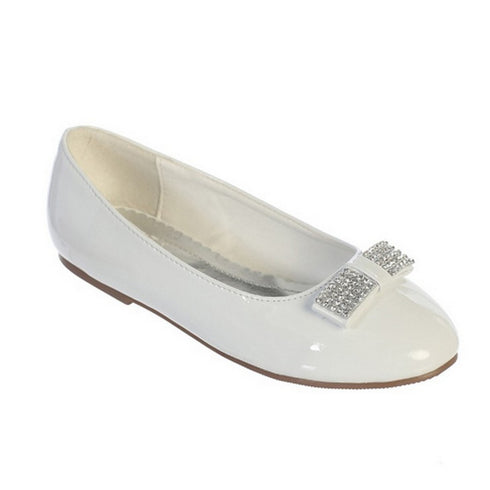Little Girls White Rhinestone Bow Accent Patent Leather Flats 9-10 Toddler - SophiasStyle.com