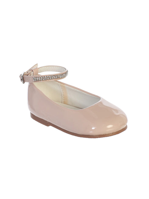 Little Girls Blush Patent Rhinestone Encrusted Ankle Strap Flats 5-8 Toddler - SophiasStyle.com