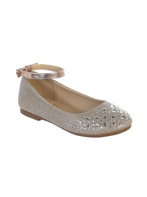 Girls Rose Gold Sparkle Rhinestone Ankle Strap Dress Shoes 9 Toddler-5 Kids - SophiasStyle.com