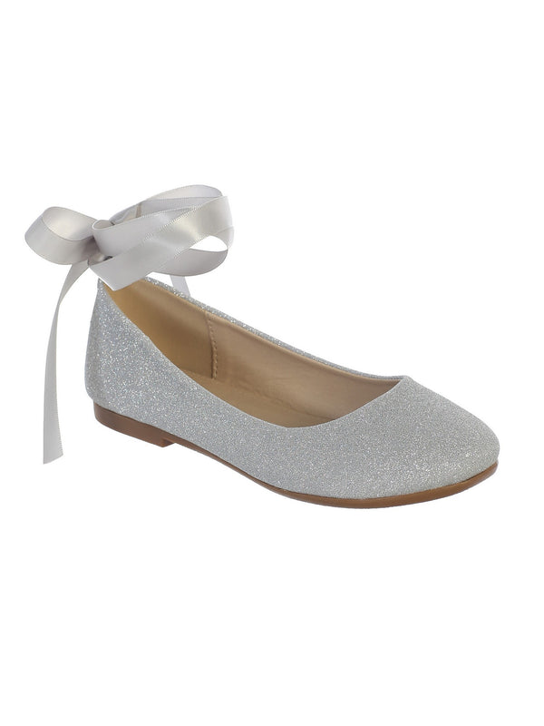 Girls Silver Glitter Satin Ribbon Ankle Ties Ballerina Shoes 9 Toddler-5 Kids - SophiasStyle.com