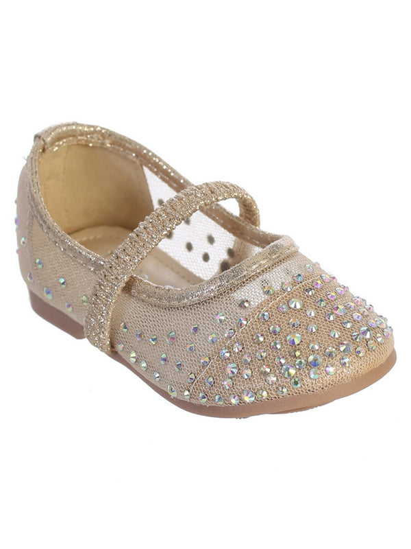 Baby Girls Rose Gold Rhinestone Elastic Strap Mesh Ballet Flats 1-4 Baby - SophiasStyle.com