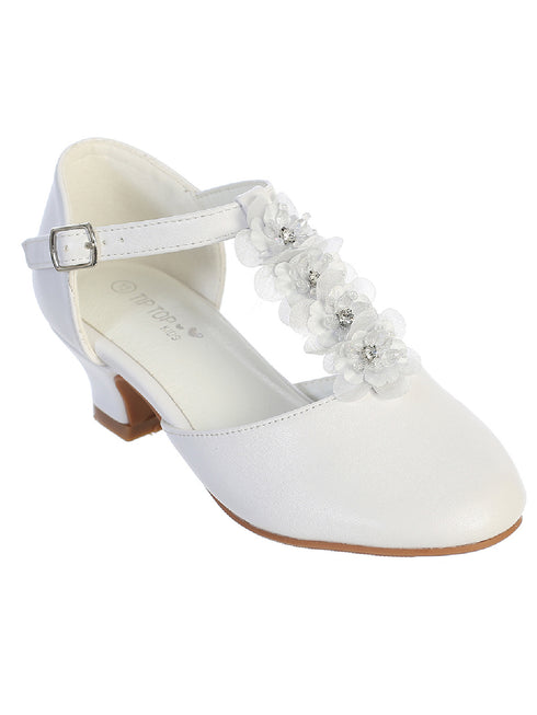 Tip Top Kids Girls White Rhinestone Flower T Strap Dress Shoes 9 Toddler-5 Kids - SophiasStyle.com