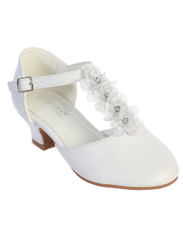 Tip Top Kids Girls White Rhinestone Flower T Strap Dress Shoes 9 Toddler-5 Kids - SophiasStyle.com