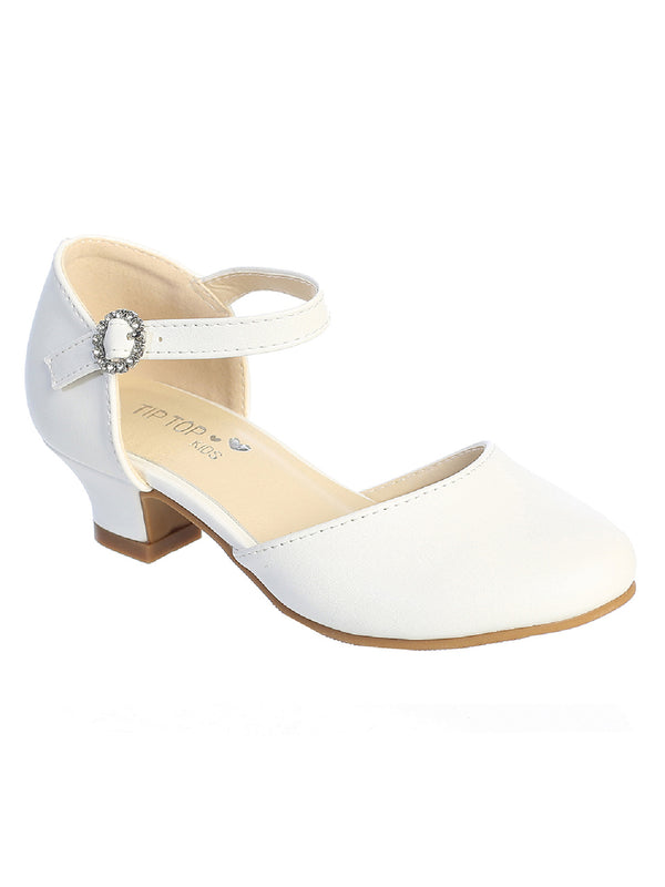 Tip Top Kids Girls White Rhinestone Buckle Low Heel Dress Shoes 9 Toddler-8 Kids - SophiasStyle.com