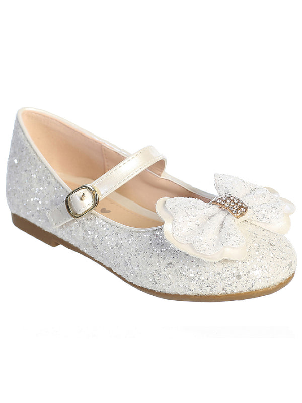 Tip Top Kids White Glitter Double Bow Mary Jane Flats in sizes 9 Toddler to 5 Kids