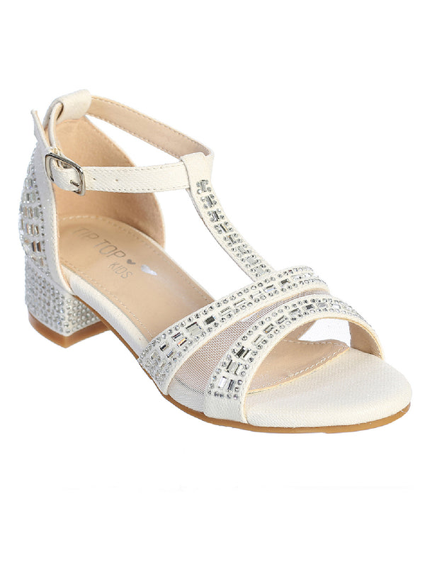 Tip Top Kids Girls White Rhinestone Heel T Strap Dress Sandals 9 Toddler-5 Kids - SophiasStyle.com