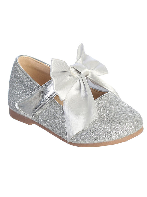 Tip Top Kids Girls Silver Glitter Satin Bow Mary Jane Shoes 1 Baby-8 Toddler - SophiasStyle.com