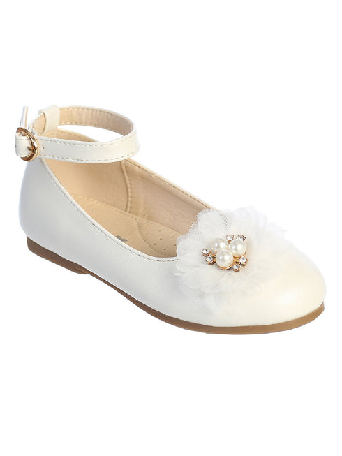 Tip Top Kids Girl Ivory Mesh Flower Ankle Strap Mary Jane Flats 9 Toddler-5 Kids - SophiasStyle.com