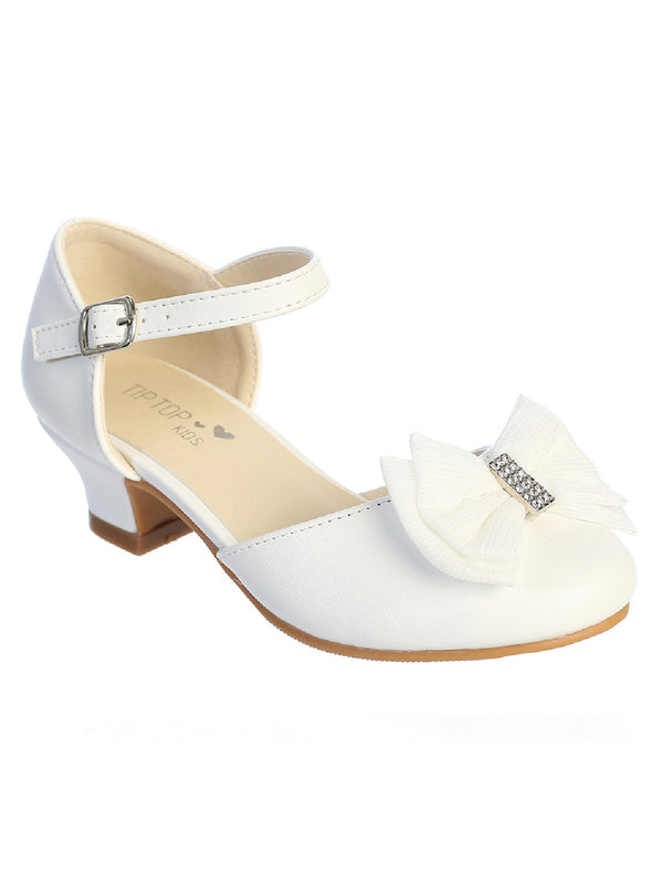 Tip Top Kids Girl White Rhinestone Center Double Bow Dress Shoe 9 Toddler-5 Kids - SophiasStyle.com