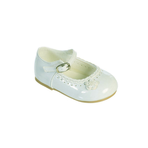 Little Girls Ivory Braided Edging Flower Patent Leather Dress Shoes 5-8 Toddler - SophiasStyle.com