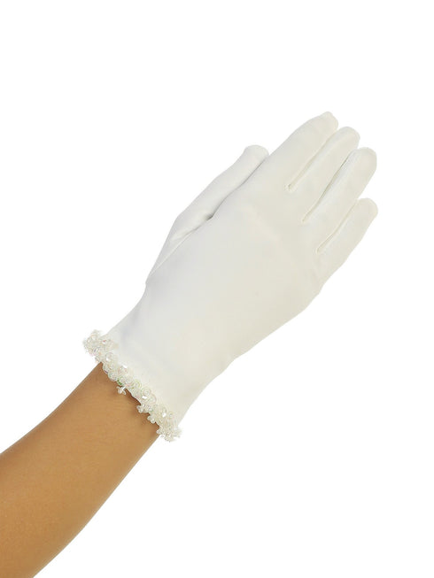 Girls Ivory Matte Satin Beaded Accent Communion Flower Girl Gloves 0-14 - SophiasStyle.com