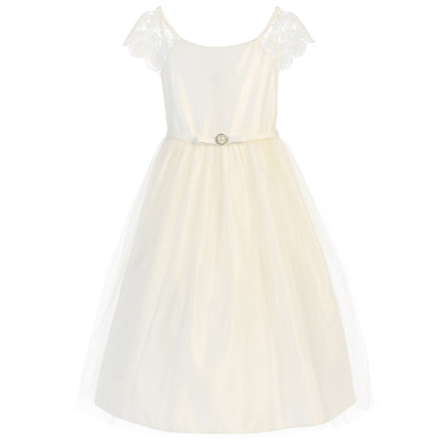 Sweet Kids Little Girls Off White Lace Sleeve Satin Flower Girl Dress 2T-6 - SophiasStyle.com