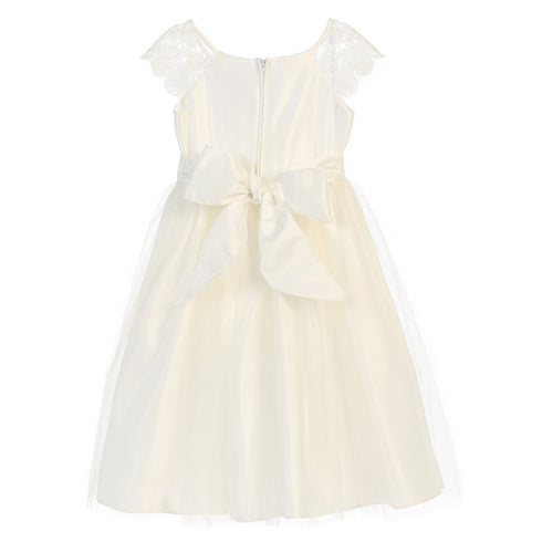 Sweet Kids Little Girls Off White Lace Sleeve Satin Flower Girl Dress 2T-6 - SophiasStyle.com