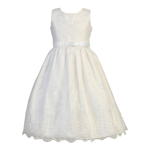 Little Girls White Embroidered Organza Satin First Communion Dress 5-6 - SophiasStyle.com