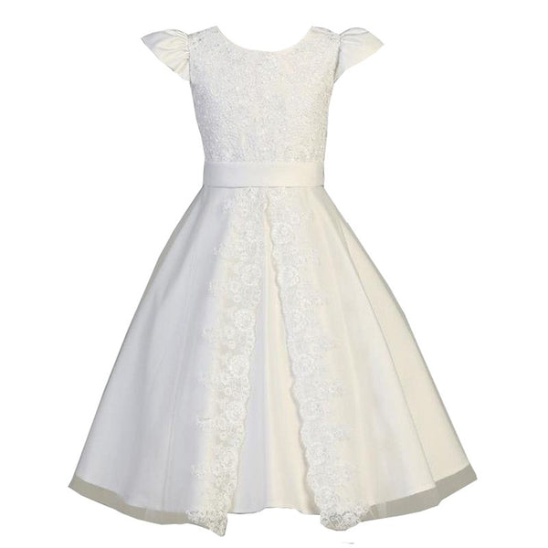 Swee Pea & Lilly Little Girls White Lace Satin Tea-Length Communion Dress 5-6 - SophiasStyle.com