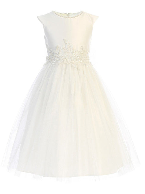 Sweet Kids Girls Pearl Neckline Dress with Lace Trim Waist and Crystal Tulle Skirt, Sizes 2 - 16 - SophiasStyle.com