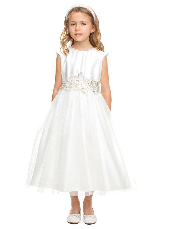 Sweet Kids Girls Pearl Neckline Dress with Lace Trim Waist and Crystal Tulle Skirt, Sizes 2 - 16 - SophiasStyle.com