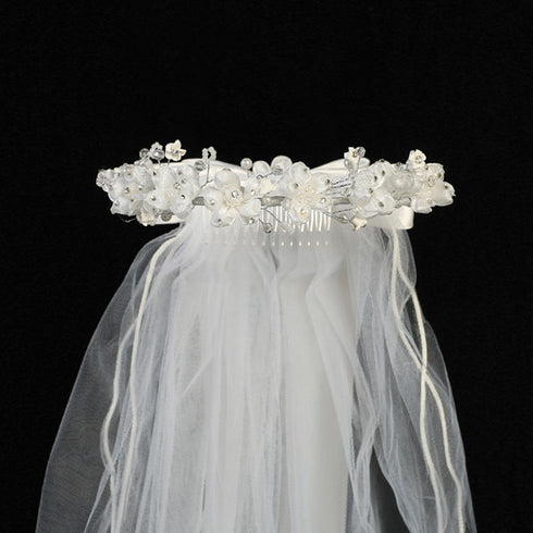 Lito Girls White Organza Flowers Rhinestone Special Occasion 24" Veil - SophiasStyle.com