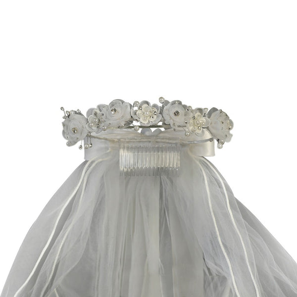 Girls White Organza Flowers Pearls Headpiece 24" Communion Flower Girl Veil - SophiasStyle.com