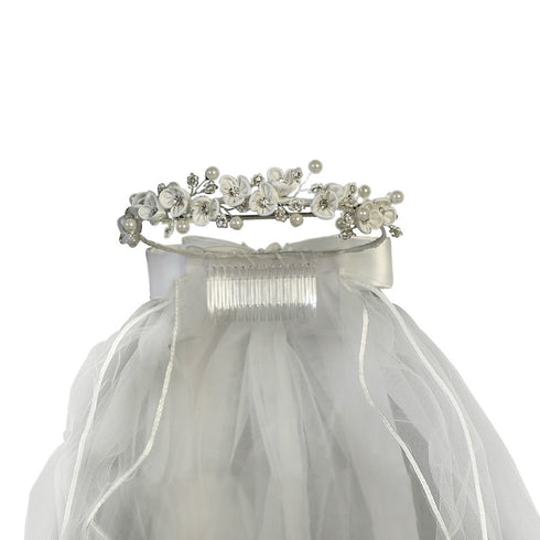 Girls White Flowers Rhinestones Pearls Headpiece 24" Communion Veil - SophiasStyle.com