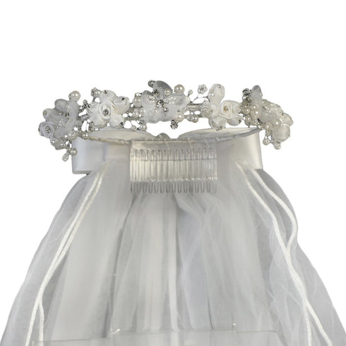 Girls White Organza Satin Flowers Headpiece 24" Communion Flower Girl Veil - SophiasStyle.com