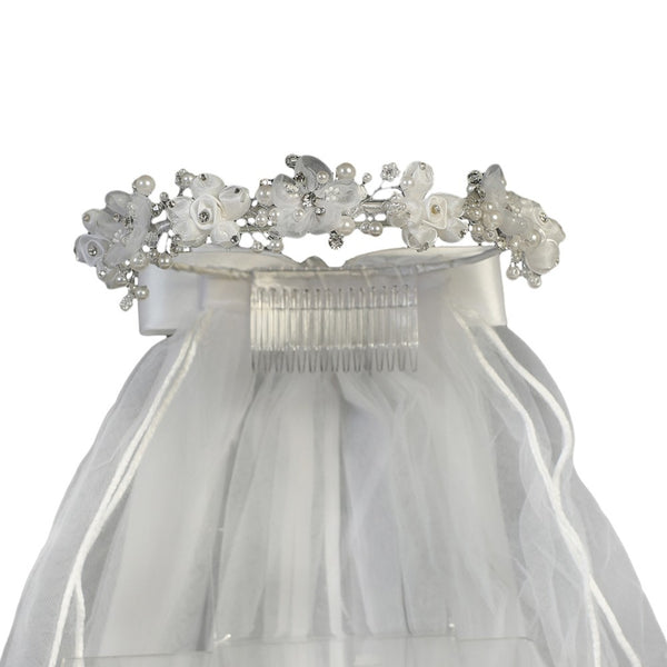 Girls White Organza Satin Flowers Headpiece 24" Communion Flower Girl Veil - SophiasStyle.com