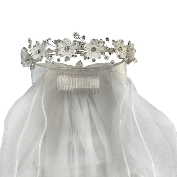 Girls White Satin Flower Sparkle Rhinestones Headpiece 24" Communion Veil - SophiasStyle.com
