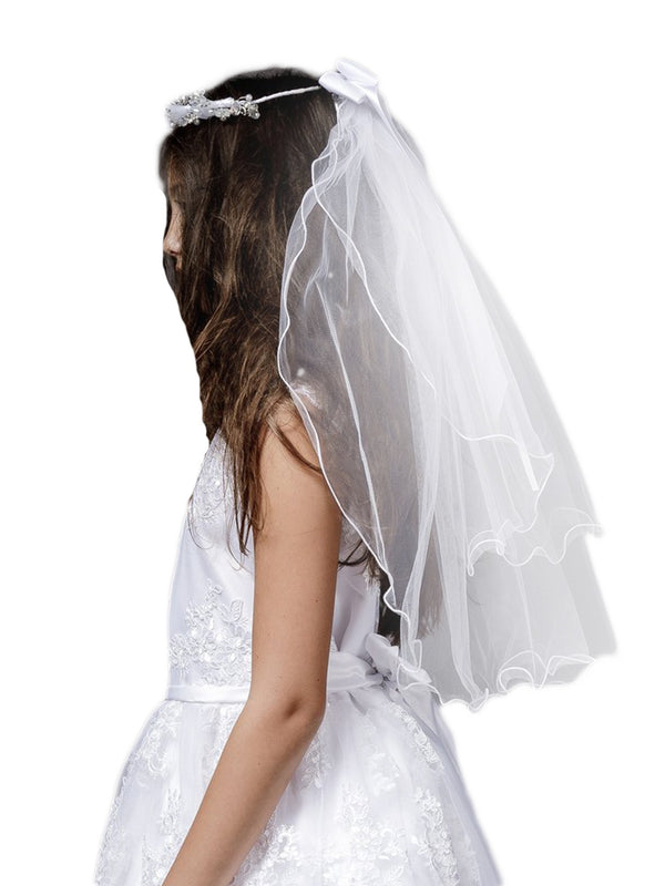 Petite Adele Girls White Sequin Embellished Lace Communion Flower Girl Veil - SophiasStyle.com