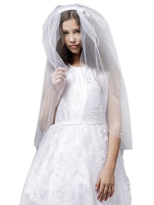 Petite Adele Girls White Sequin Lace Scalloped Edge Communion Flower Girl Veil - SophiasStyle.com