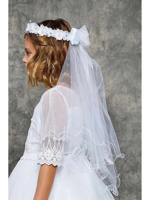 Kids Dream Girls White Gem Pearl Floral Comb 21" Communion Flower Girl Veil - SophiasStyle.com