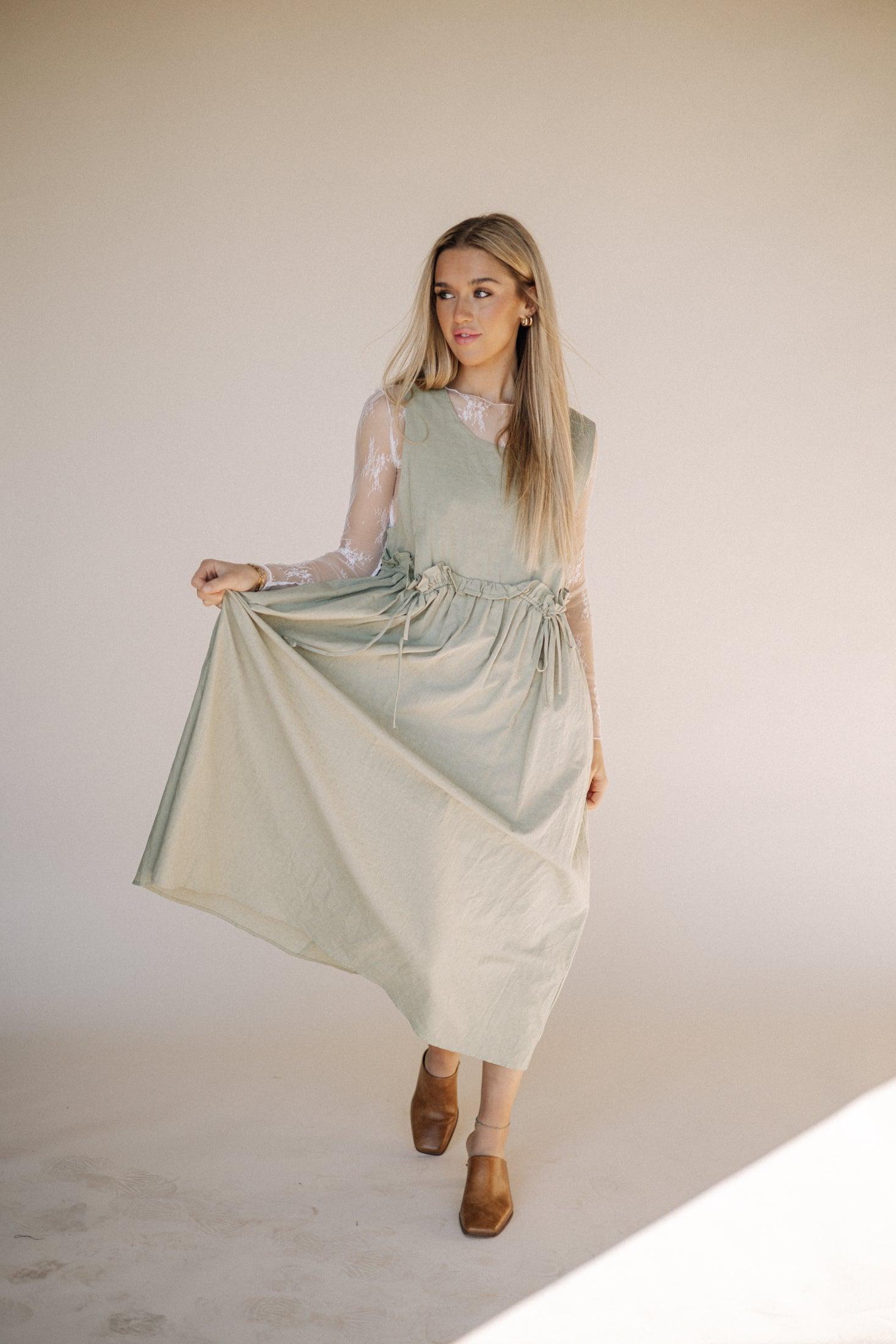 Arey Overall Dress in Olive Arey Overall Dress in Olive
