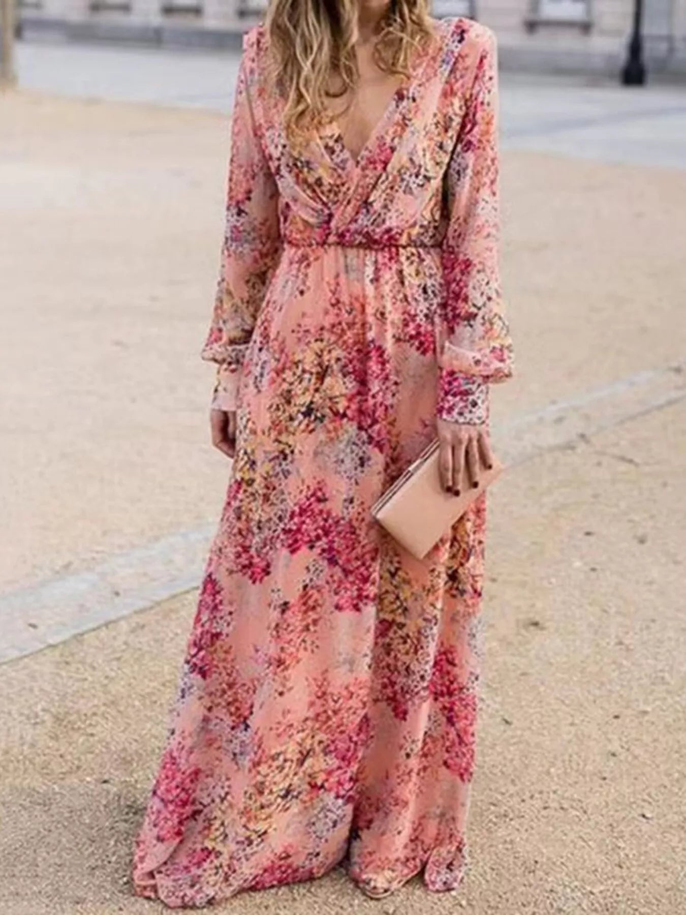 Full Size Floral Print Long Sleeve Maxi Dress Plus Size Pink / 3XL