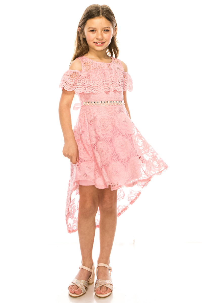 Girls HighLow Floral Lace Overlay Flower Girl Dress 414