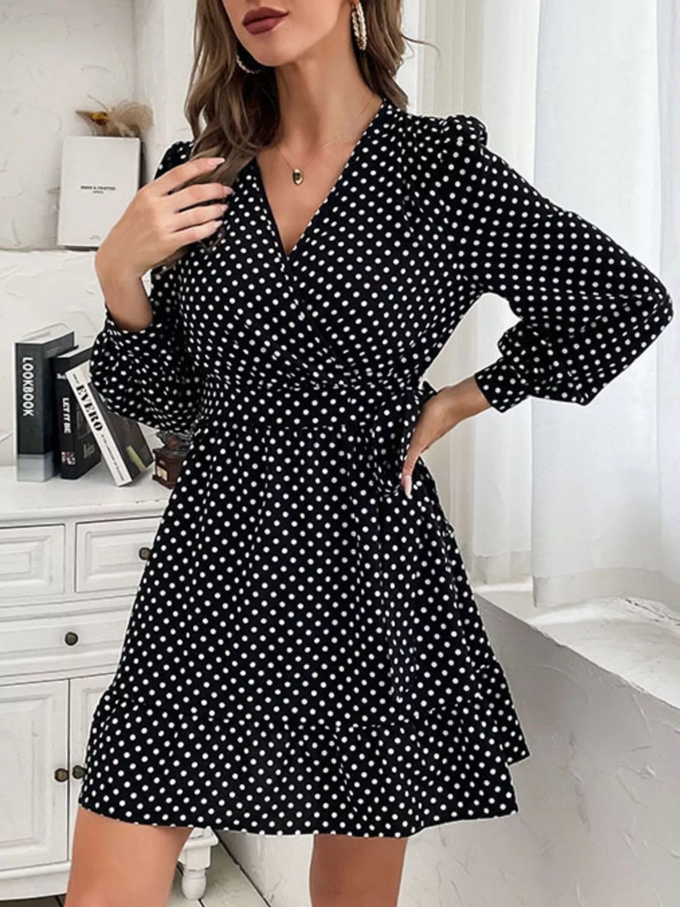 polka dot wrap mini dress Polka Dot Wrap Mini Dress from OhSoStyled at Sophia's Style Black / M