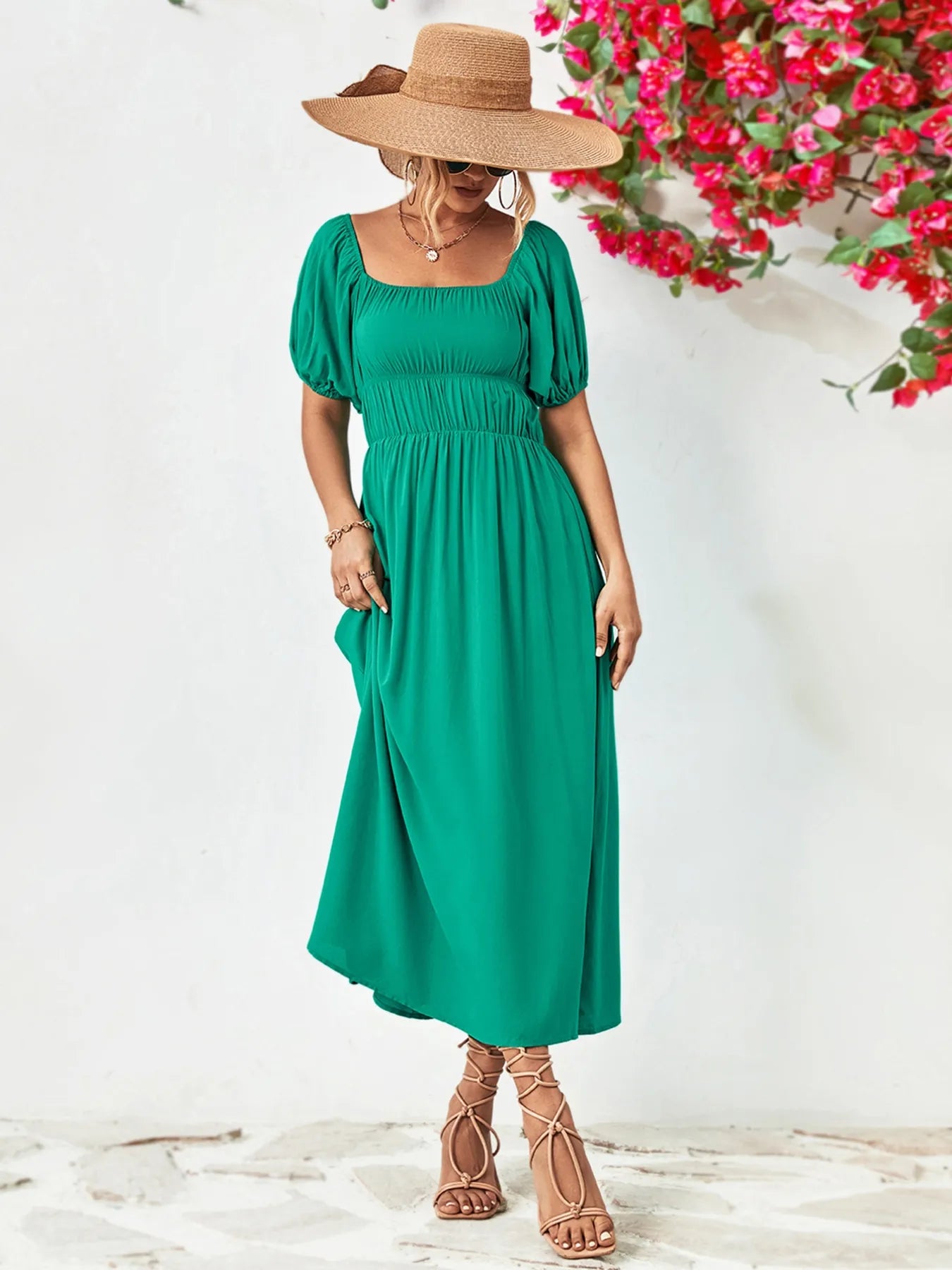 off-shoulder puff sleeve maxi dress Off-Shoulder Puff Sleeve Smocked Maxi Dress from OhSoStyled at Sophia's Style Turquoise / M
