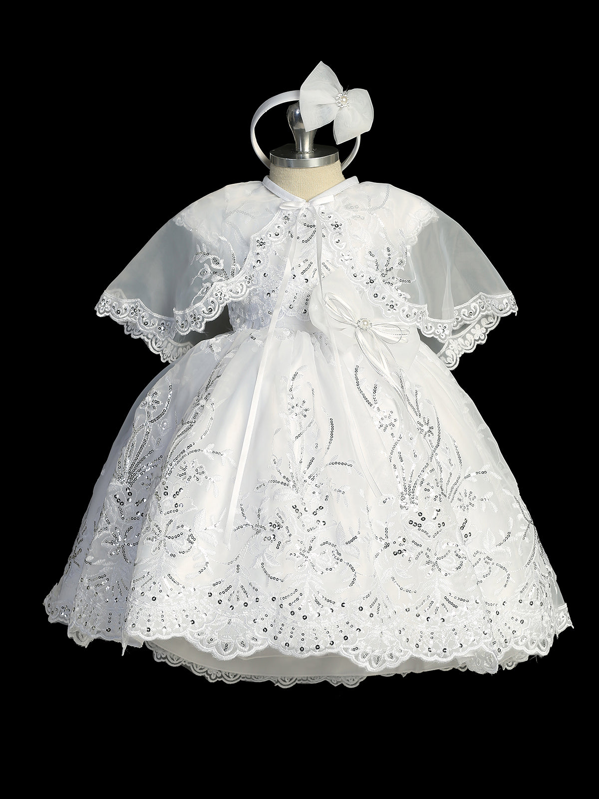 Girls White Cap Sleeve Baptism Dress with Sequin Embroidery, Sizes 0-6 5 / White