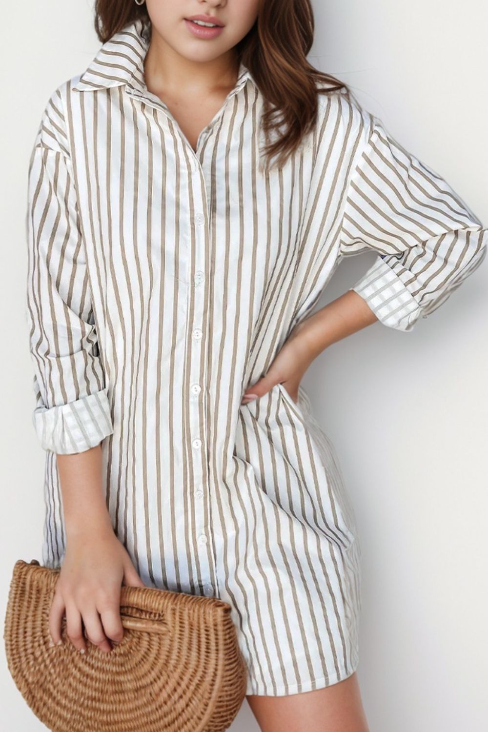 Wholesale MOQ6 Striped Long Sleeve Mini Shirt Dress