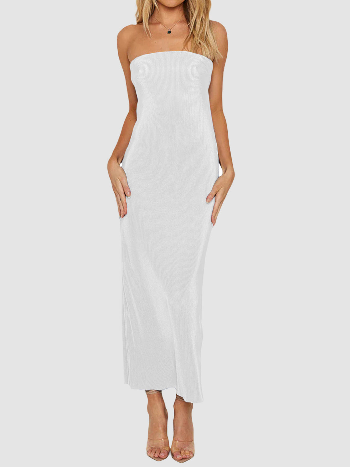 Lace-Up Back Tube Maxi Dress from OhSoStyled at Sophia's Style White / M