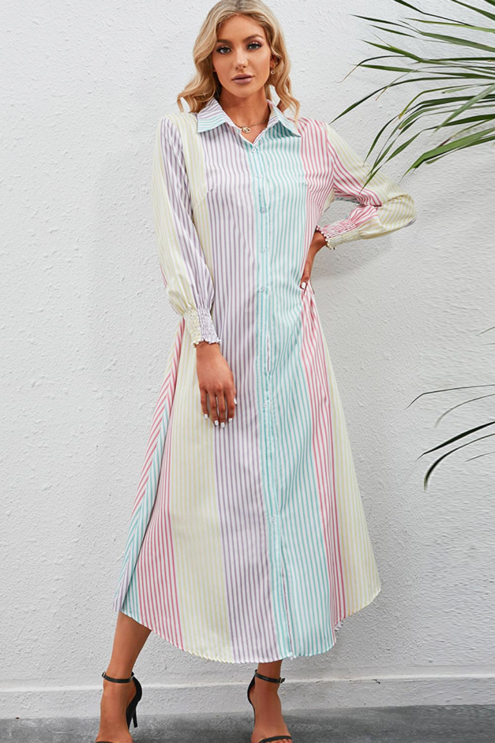Rainbow Stripe Button-Up Maxi Shirt Dress from OhSoStyled at Sophia's Style Stripe / 2XL