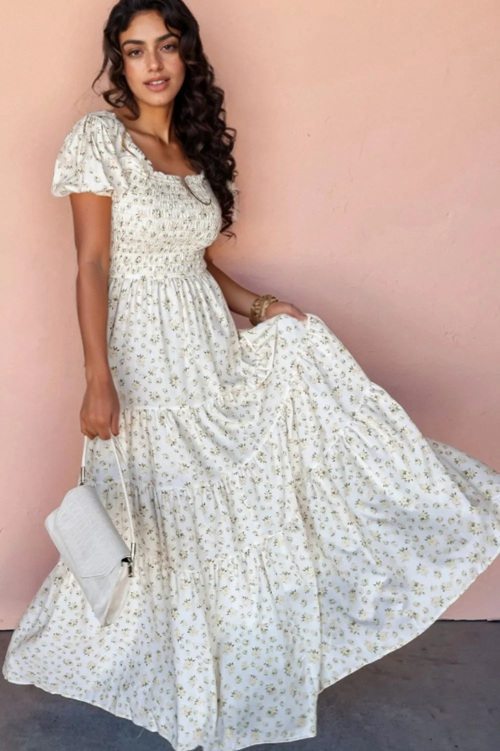 smocked maxi dress short sleeve Floral Puff Women's Dresses at Sophia's Style White / L Love, Bonito Grey Duster Colour:Red Floral Short Sleeve Square Color:Conifer