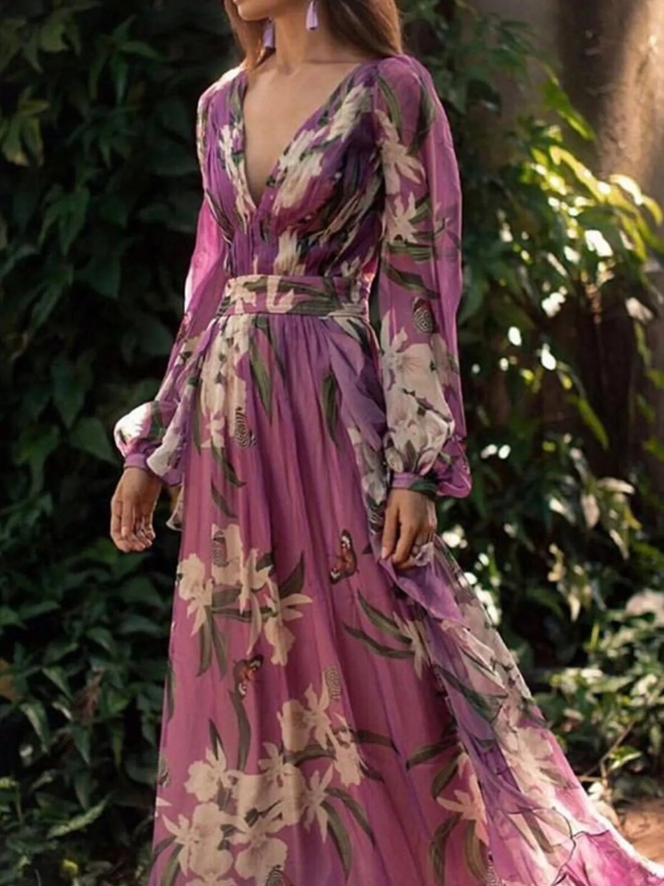 plus size floral maxi dress with sleeves Full Print Long Sleeve Size from OhSoStyled at Sophia's Style Purple / M Color:Powder Echanted gown collection How to Wear Burgundy No Questions?
