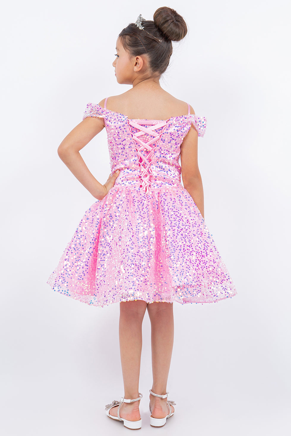 Girls' Pink A-Line Off-Shoulder Party Dress with Sequins and Bowknot main image 1