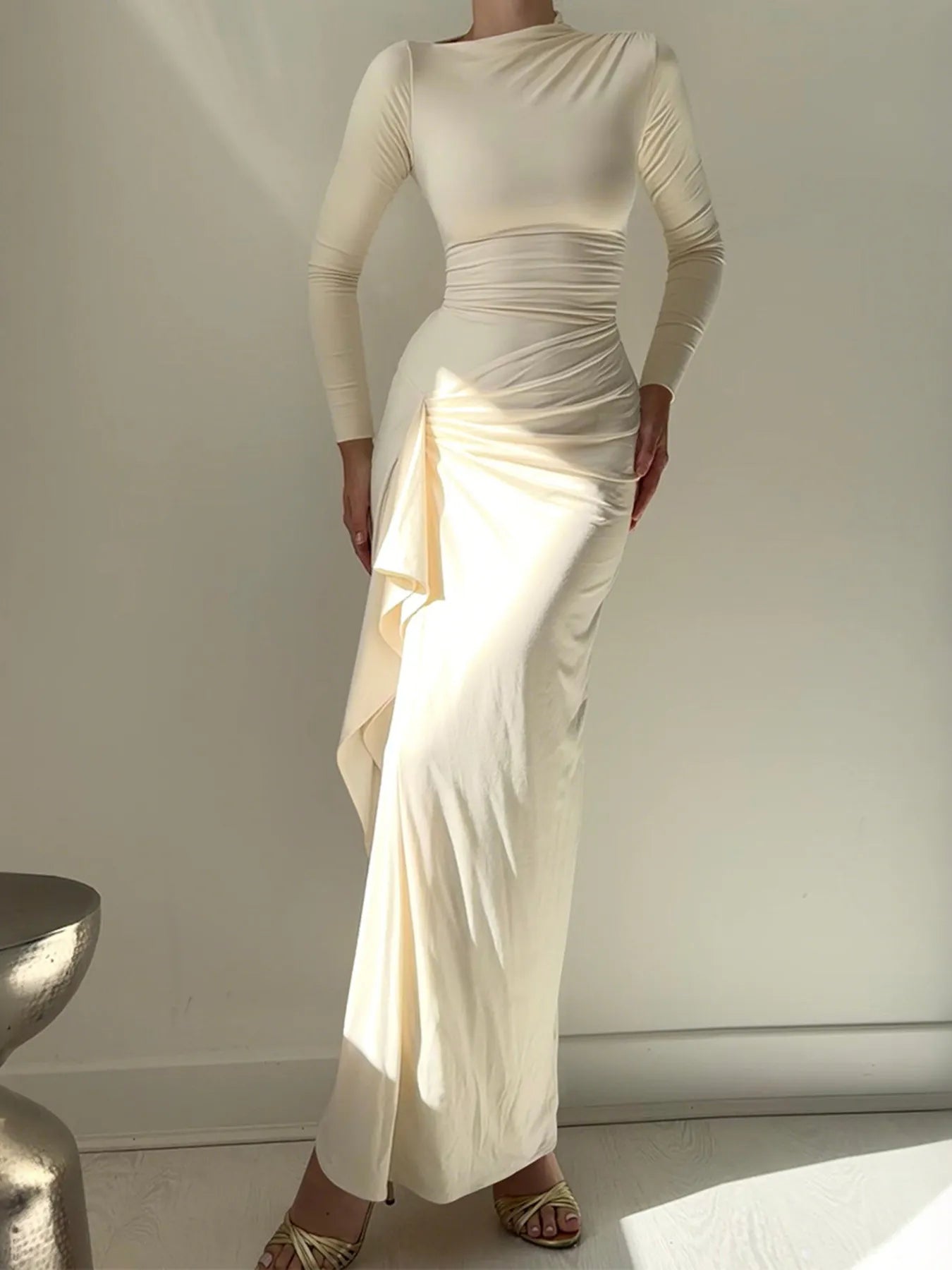 Uoozee-Official Bodycon High Waisted Asymmetric Pleated Ruffled Solid Color Split-Joint Round-Neck Maxi Dresses Apricot / L