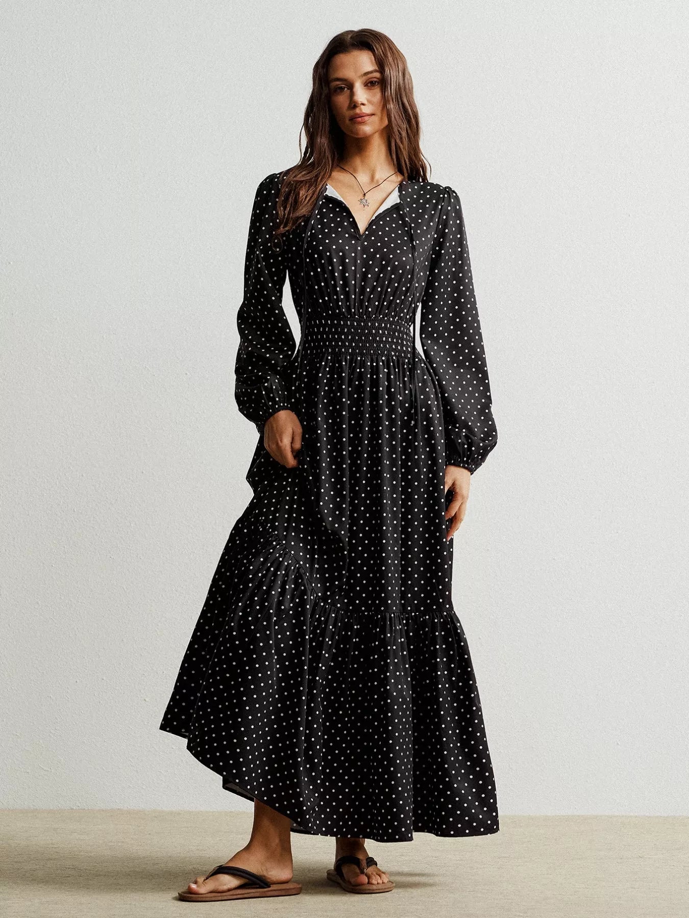 polka dot maxi dress with sleeves Polka Dot Long Sleeve Maxi Dress from OhSoStyled at Sophia's Style Black / M